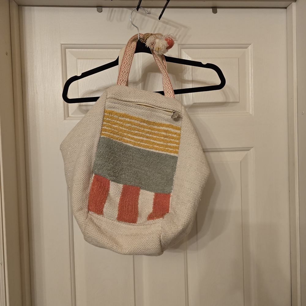 America And Beyond Embroidered Backpack Tote in Coral, Gray & Mustard - Picture 2 of 5